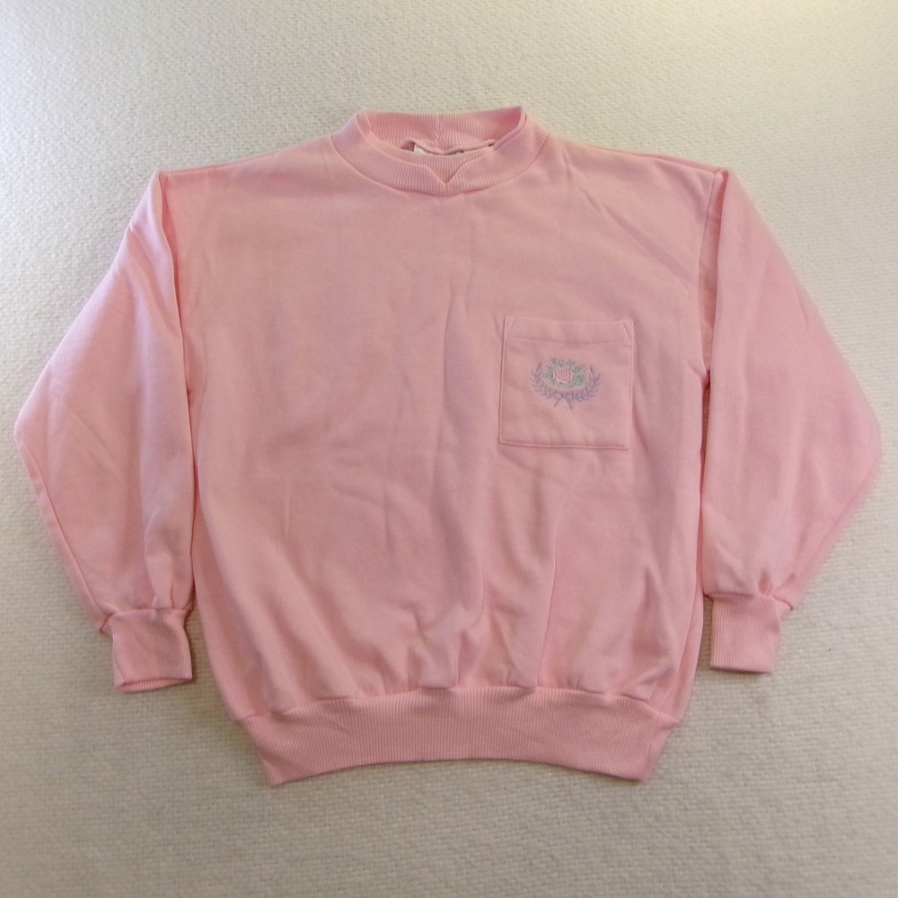 Center Aisle Women S Sweatshirt Pink Floral Embroidered Pocket Crew Neck Vintage